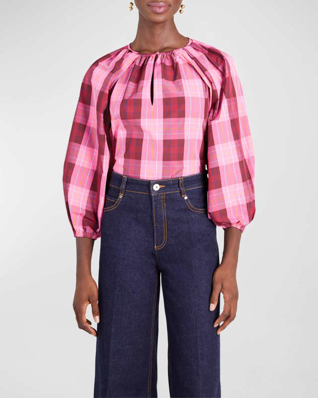 greenhouse plaid blouson-sleeve top